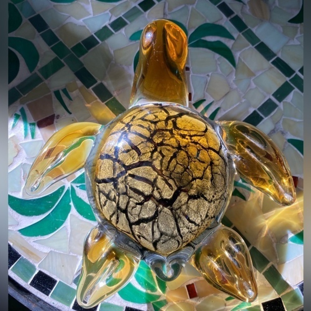 Amber Gold blown glass sea turtle, Turtle Sculpture, paperweight, Turtle Lover